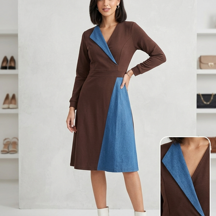 Sagar hill road midi dress in brown with blue denim contrast panels, V-neckline, and long sleeves on a model.