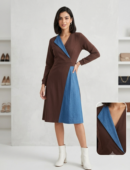 Sagar hill road midi dress in brown with blue denim contrast panels, V-neckline, and long sleeves on a model.