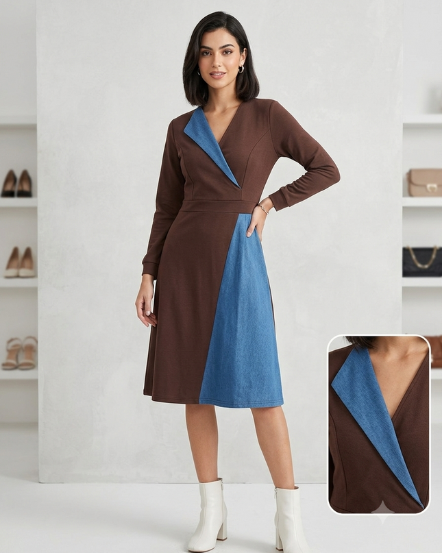 Sagar hill road midi dress in brown with blue denim contrast panels, V-neckline, and long sleeves on a model.