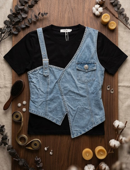 Sagar hill road black crew-neck t-shirt with a light blue denim vest overlay, crystal trim, and adjustable buckle.