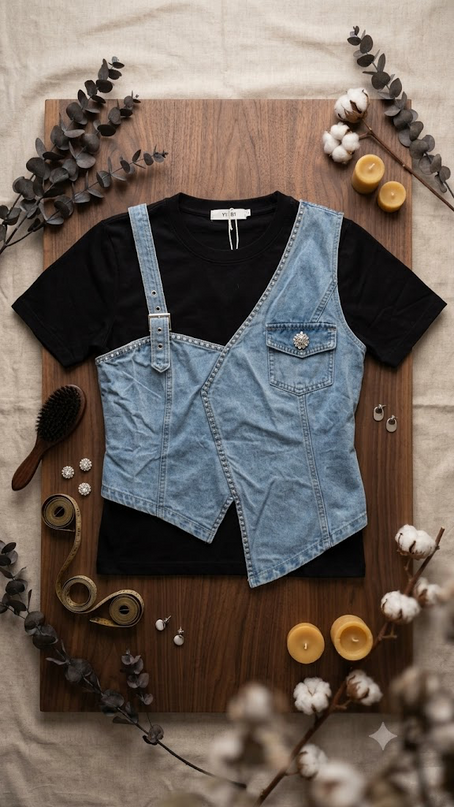 Sagar hill road black crew-neck t-shirt with a light blue denim vest overlay, crystal trim, and adjustable buckle.