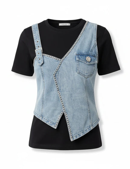Sagar hill road black crew-neck t-shirt with a light blue denim vest overlay featuring crystal trim and buckle straps.