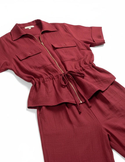 Sagar hill road maroon utility co-ord set featuring a zip-front shirt with flap pockets and matching wide-leg pants.