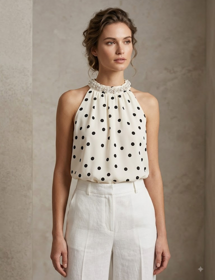 Sagar hill road sleeveless halter top in cream with black polka dots and elegant pearl neckline embellishment