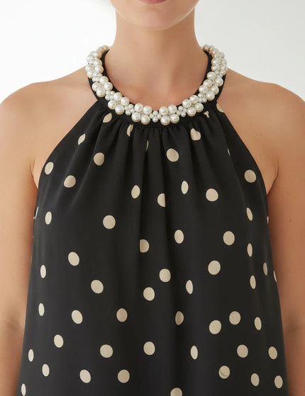 Sagar hill road black halter top with beige polka dots and elegant pearl embellished neckline