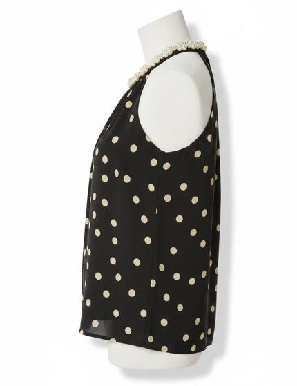 Sagar hill road black halter top with beige polka dots and pearl embellishment on the neckline, side view