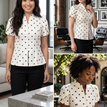 Sagar hill road white polka dot peplum top with short sleeves, button-front, and fitted waist on diverse models.