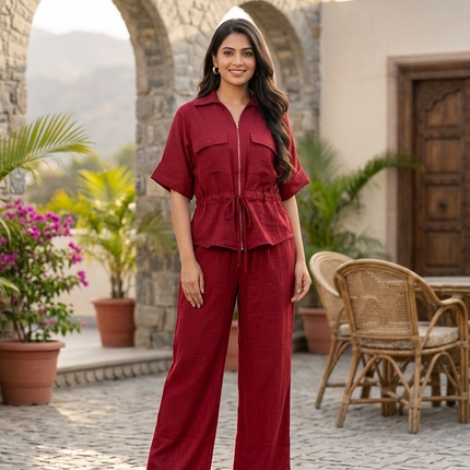 Sagar hill road deep red utility co-ord set with a zip-front shirt and wide-leg trousers worn by a smiling woman