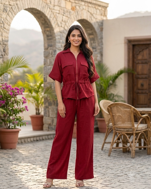 Sagar hill road deep red utility co-ord set with a zip-front shirt and wide-leg trousers worn by a smiling woman