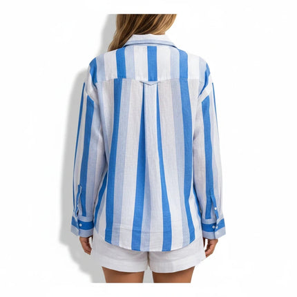 Sagar hill road relaxed cotton shirt with blue and white vertical stripes, button-down back view on a woman.
