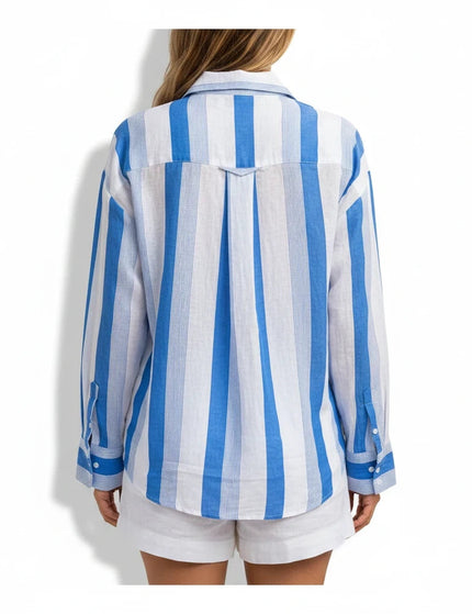 Sagar hill road relaxed cotton shirt with blue and white vertical stripes, button-down back view on a woman.